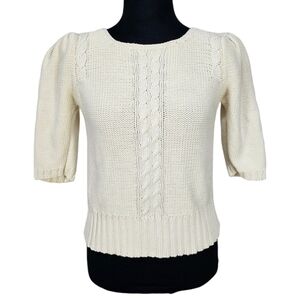 John Bull London Hand Framed Ivory Cable Knit Puffed Elbow Sleeve Sweater Medium